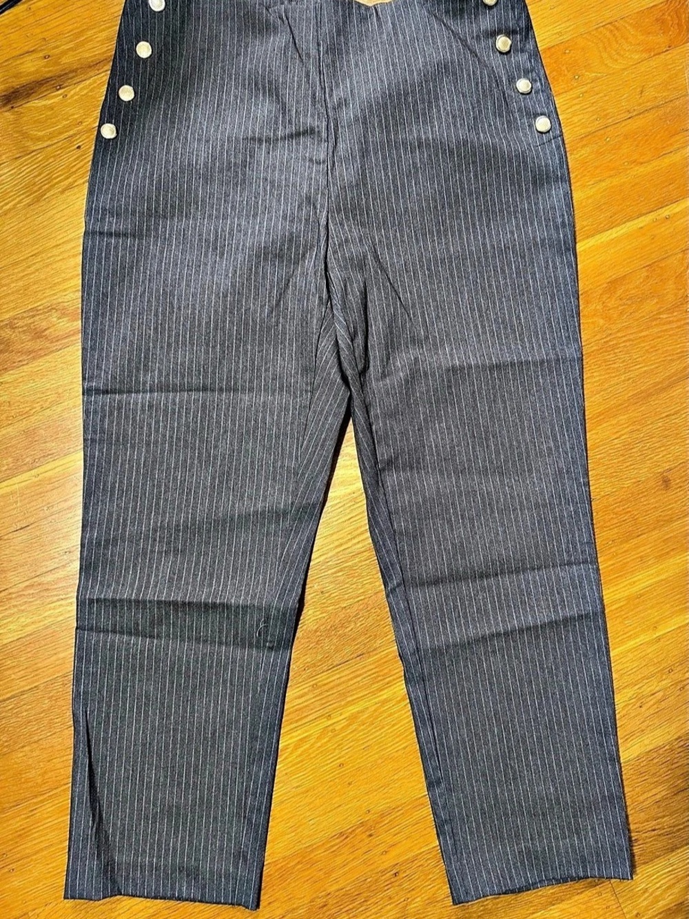 Zac & Rachel Pinstripe Pull-On Ankle Pants with Metal Side Buttons Black